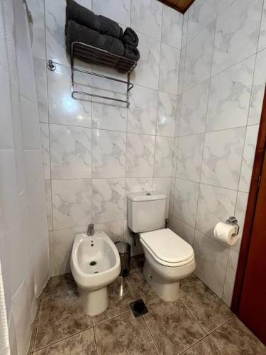 ein Bad mit einem WC und einem Bidet in der Unterkunft Departamento Del Centro Primer Piso in El Bolsón