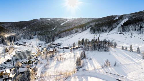 a snow covered mountain with a ski resort and trees at Aparthotel Biała Perła - Czarna Góra Resort, Sun & Snow in Sienna