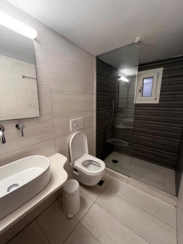 a bathroom with a toilet and a sink and a shower at Villa Vasilis in Mýkonos City