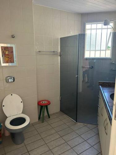 La petite salle de bains est pourvue d'une douche et de toilettes. dans l'établissement Apartamento 100 mt da praia em Promoção, à Florianópolis
