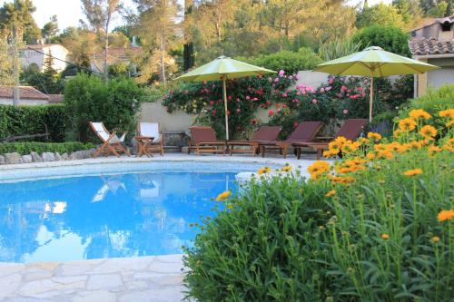 Peymeinade的住宿－Gîte Lou Caillou，游泳池配有椅子、遮阳伞和鲜花