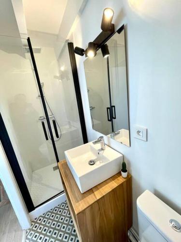 une salle de bain avec un lavabo blanc et une douche dans l'établissement T3 Duplex entre gare et Nansouty, à Bordeaux