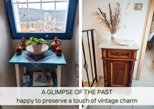 a glimpse of the past and a table with a window at Stone house with amazing view in Črni Kal