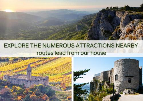 a collage of photos with a castle and a mountain at Stone house with amazing view in Črni Kal