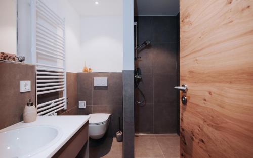 een badkamer met een toilet, een wastafel en een douche bij Gasthaus Alte Post in Kirchzarten