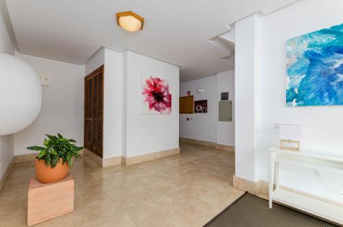 a room with white walls and a potted plant at Mar Brava Apartments in Can Picafort