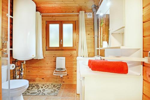 une salle de bain avec un lavabo blanc et des toilettes dans l'établissement Le Chant de la Rivière - Chalet 3 étoiles pour 8 personnes, à Ventron
