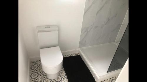 Un baño con inodoro blanco y ducha. en Springwood cabin, en Kirkhamgate