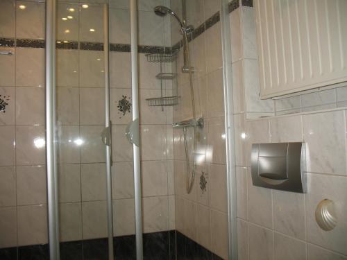 ein Bad mit einer Dusche und einem WC-Papierspender in der Unterkunft Haus Edith Kempa in Sankt Aldegund