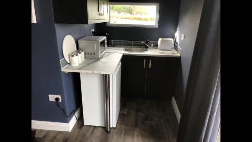 Una pequeña cocina con fregadero y microondas. en Springwood cabin, en Kirkhamgate