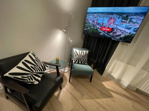 sala de estar con silla y TV de pantalla plana en City Apartment Rudolf 26m2 en Graz