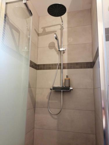 une douche avec pommeau de douche dans une salle de bain dans l'établissement Joli chalet contemporain, calme et verdure., à Martin-Chapon