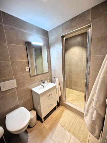 une salle de bain avec une douche, des toilettes et un lavabo dans l'établissement Les Capucins n°12 : APT4 pers, à Menton