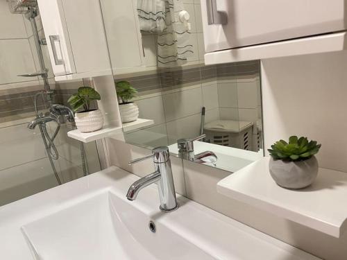 a bathroom with a sink and a mirror at Apartman Lux 5- private parking in Sombor