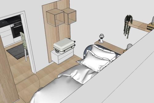 Zeichnung eines Wohnzimmers mit einem Bett in der Unterkunft Studio Angelina im 3 OG 30 m² in Graz