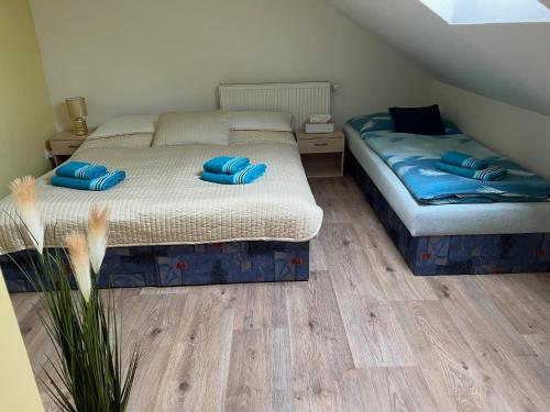 a bedroom with two beds with blue pillows at Ubytovani Nikol in Brno