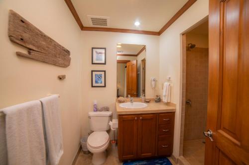 y baño con aseo, lavabo y ducha. en Los Suenos Resort Veranda 6C by Stay in CR, en Herradura
