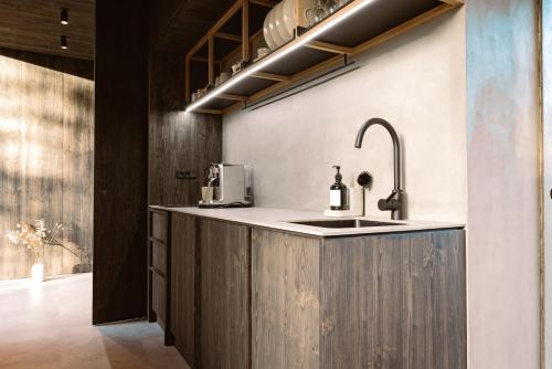 a kitchen with a counter with a sink at WoodHouse Denmark in Hadsund