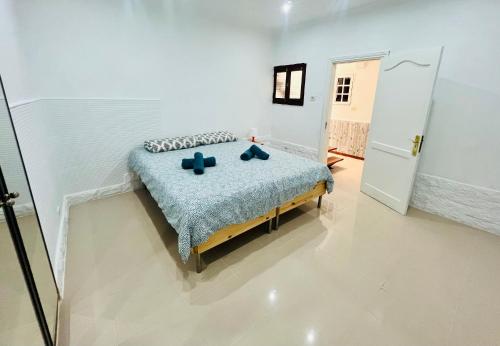Un dormitorio con una cama con almohadas azules. en La Calzada Apartment, en Tafira