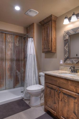 a bathroom with a toilet and a shower and a sink at Crestview Cabin in Pagosa Springs in Pagosa Springs
