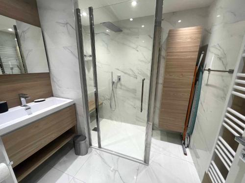 a bathroom with a shower and a sink at Appartements de Standing Cannes Centre in Cannes
