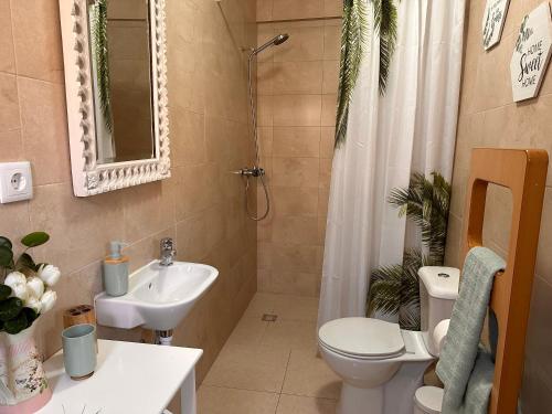 a bathroom with a sink and a toilet and a shower at Casa do Areal in Mira