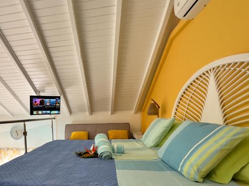 a bedroom with a bed with a tv on the wall at Sun Caraibes in Orient Bay
