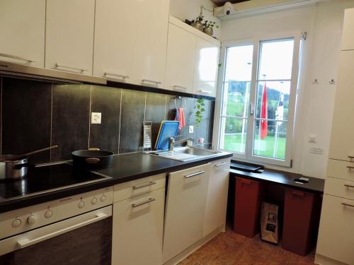 a kitchen with a sink and a counter top at FriendsHouse Appenzellerhof in Speicher