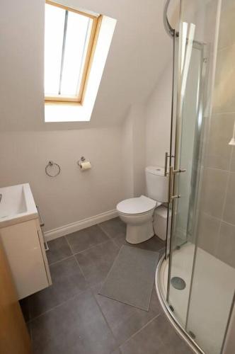 a bathroom with a toilet and a glass shower at Royal Hillsborough Village Luxury Townhouse in Hillsborough
