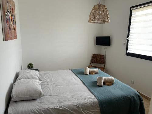 una camera da letto con un letto e due asciugamani di Gîte à la ferme avec Piscine & Spa a Arles