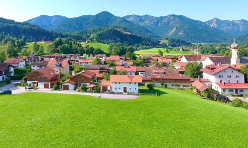 a village in a green field with mountains in the background at Ferienwohnung Dehnert in Fischbachau