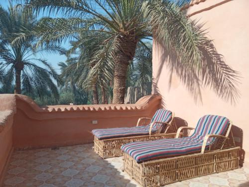 two wicker chairs sitting on a patio with palm trees at Bab Al Samawy in Luxor