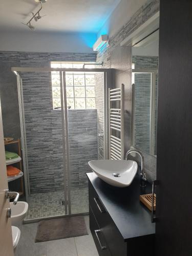 a bathroom with a sink and a shower at Appartamento Yuki in Dervio