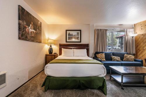 a hotel room with a bed and a couch at Studio Queen Room Ground Floor Unit 113 Bldg B in Truckee