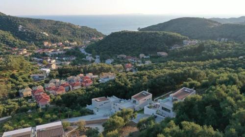 an aerial view of a town with trees and houses at Merelia Exclusive Villas in Parga