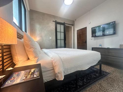 a bedroom with a bed and a tv on the wall at The Looking Glass Hotel in San Juan