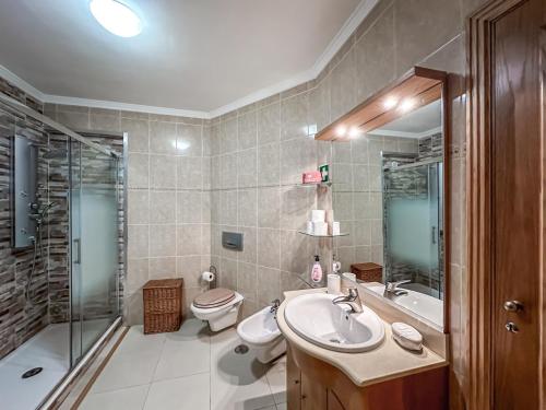 ein Bad mit einem Waschbecken, einem WC und einer Dusche in der Unterkunft Apartment Old Town Center Albufeira Walk to Beach in Albufeira