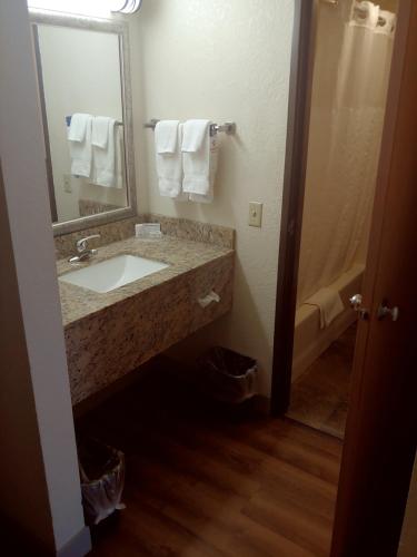 a bathroom with a sink and a mirror at AmericInn by Wyndham Dickinson in Dickinson