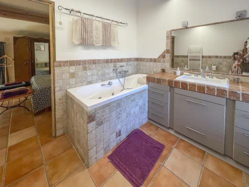 une salle de bain avec une baignoire, un lavabo et un miroir dans l'établissement Le Petit Mas Rey, à Eyragues