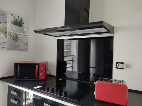 une cuisine avec un comptoir noir et un four micro-ondes rouge dans l'établissement L'Escale Orléanaise, à Orléans