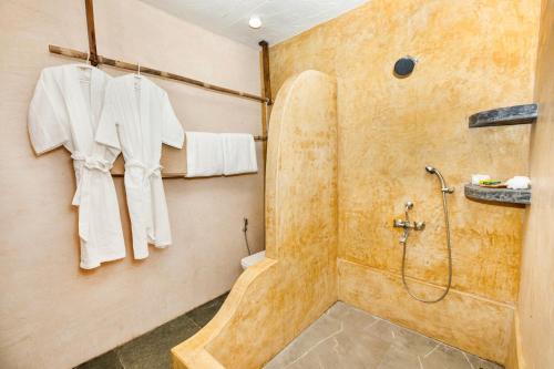 een badkamer met een douche en een wastafel bij GERANIUM HAVEN in Arambol