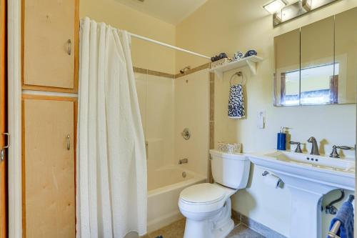 a bathroom with a toilet and a sink and a shower at Peaceful Naalehu Paradise 5 Mi to Beach! in Naalehu
