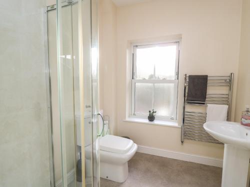 a bathroom with a toilet and a sink and a window at Afonwy House in Rhayader