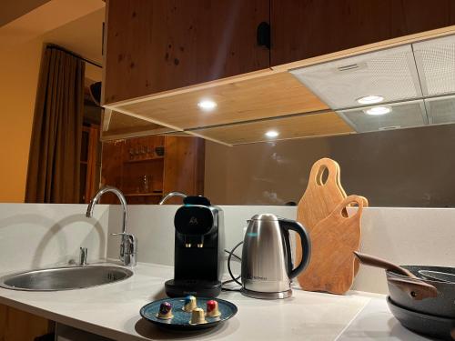 um balcão de cozinha com comodidades para preparar café e um lavatório em un nid avec balcon em Saint-Gervais-les-Bains