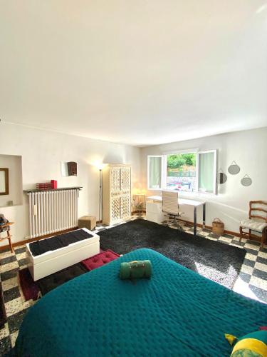 - un grand salon avec un lit et une fenêtre dans l'établissement Appartement Haut de Villa centre-ville CORTE, à Corte