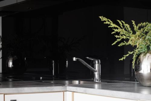 a kitchen sink with a faucet in a kitchen at Sleek Urban Studio w. work place in Kottla