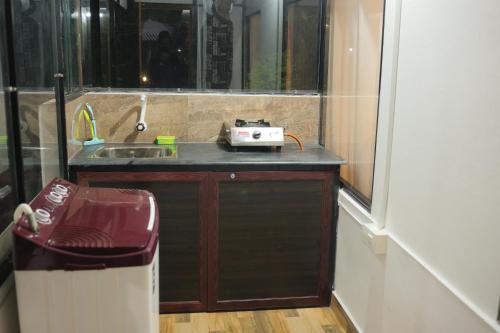 a small kitchen with a counter with a sink and a window at Aldora Holiday Homes in Vythiri
