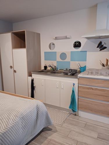 uma pequena cozinha com uma cama e um lavatório em Entre terre et mer em Gémozac