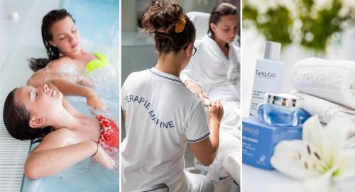 three pictures of a woman in a bathtub at Hotel Caravelle Thalasso & Wellness in Diano Marina