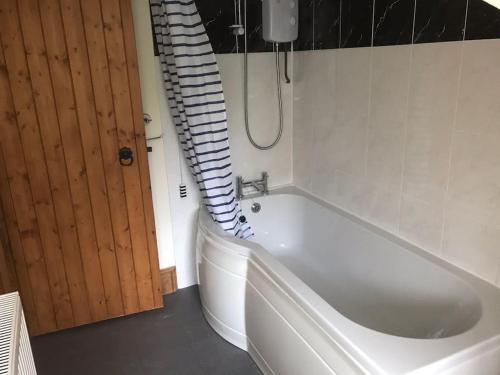 a bath tub in a bathroom with a spiral shower at Cosy Cottage in Garnant in Garnant